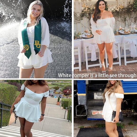 Women White Boho Romper Off Shoulder Ruffle Chiffon Shorts Jumpsuit Playsuits - Picture 7 of 7